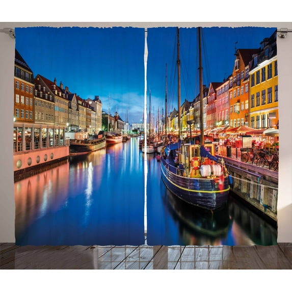 Ambesonne Urban Curtains 2 Panel Set, Nyhavn Canal Copenhagen, 108" x 90", Multicolor