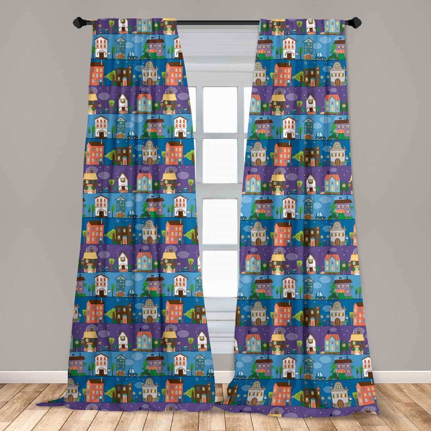 Curated visual reference: Gallery Detail: Urban Curtains 2 Panels Set Hand Drawn Style Colorful Townhouses