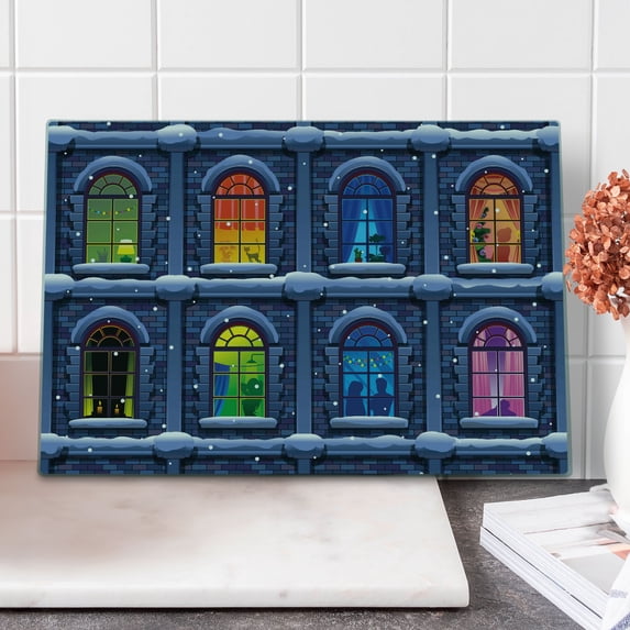 Urban Cutting Board, Building with Colorful Windows in the Snowy Winter Night Time Illustration Image, Decorative Tempered Glass Cutting and Serving Board, Large Size, Multicolor, by Ambesonne
