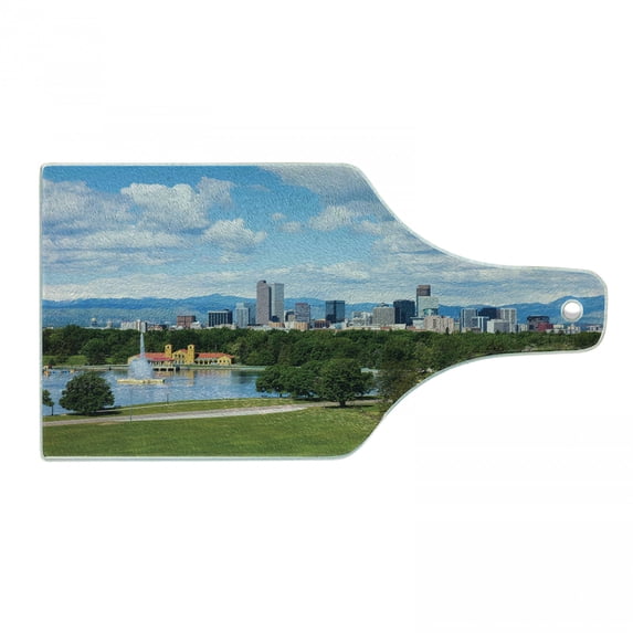 Urban Cutting Board, City Park at Denver Colorado Downtown Tree and Architecture Sunny Panorama, Tempered Glass Cutting and Serving Board, Wine Bottle Shape, Sky Blue Fern Green, by Ambesonne