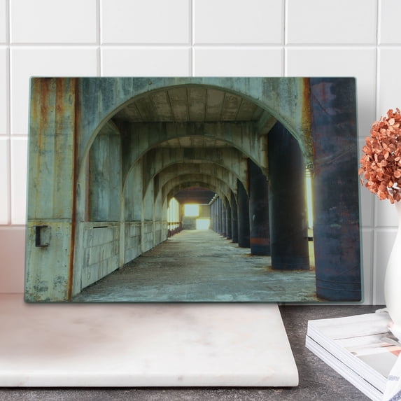 Urban Cutting Board, Corridor of Concrete Pillars Structure Urban Industrial Rustic Style Art, Decorative Tempered Glass Cutting and Serving Board, Large Size, Purple Brown, by Ambesonne