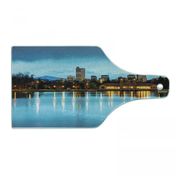 Urban Cutting Board, Downtown Denver Ferril Lake Colorado at the Morning City Park Capital, Tempered Glass Cutting and Serving Board, Wine Bottle Shape, Sky Blue Yellow Orange, by Ambesonne