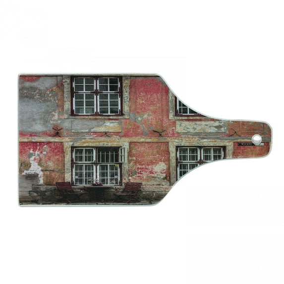 Urban Cutting Board, Medieval European Structure Nordic Old City Travel Landmark, Decorative Tempered Glass Cutting and Serving Board, Wine Bottle Shape, Pale Orange Burgundy, by Ambesonne