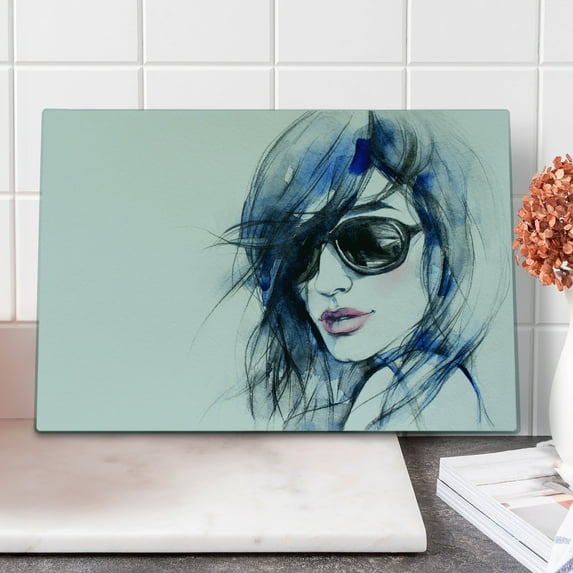 Urban Cutting Board, Woman with Sunglasses and Blue Hair Hand Drawn Art Watercolor Portrait, Decorative Tempered Glass Cutting and Serving Board, Large Size, Coconut Blue and Black, by Ambesonne