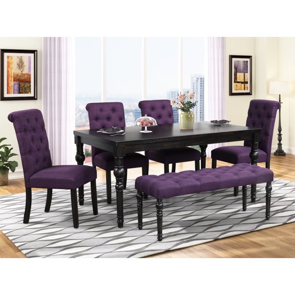 Urban Dark Wash Wood Dining Table With Chairs And Bench. Solid Frame, Seating. 65"w X 38"d 30"h Table, 18"w 26"d 39.2"h Chairs, 48"w 16"d 19.5"h Bench - Style 4 Wood, Padded Tops. 65"x38"x30"