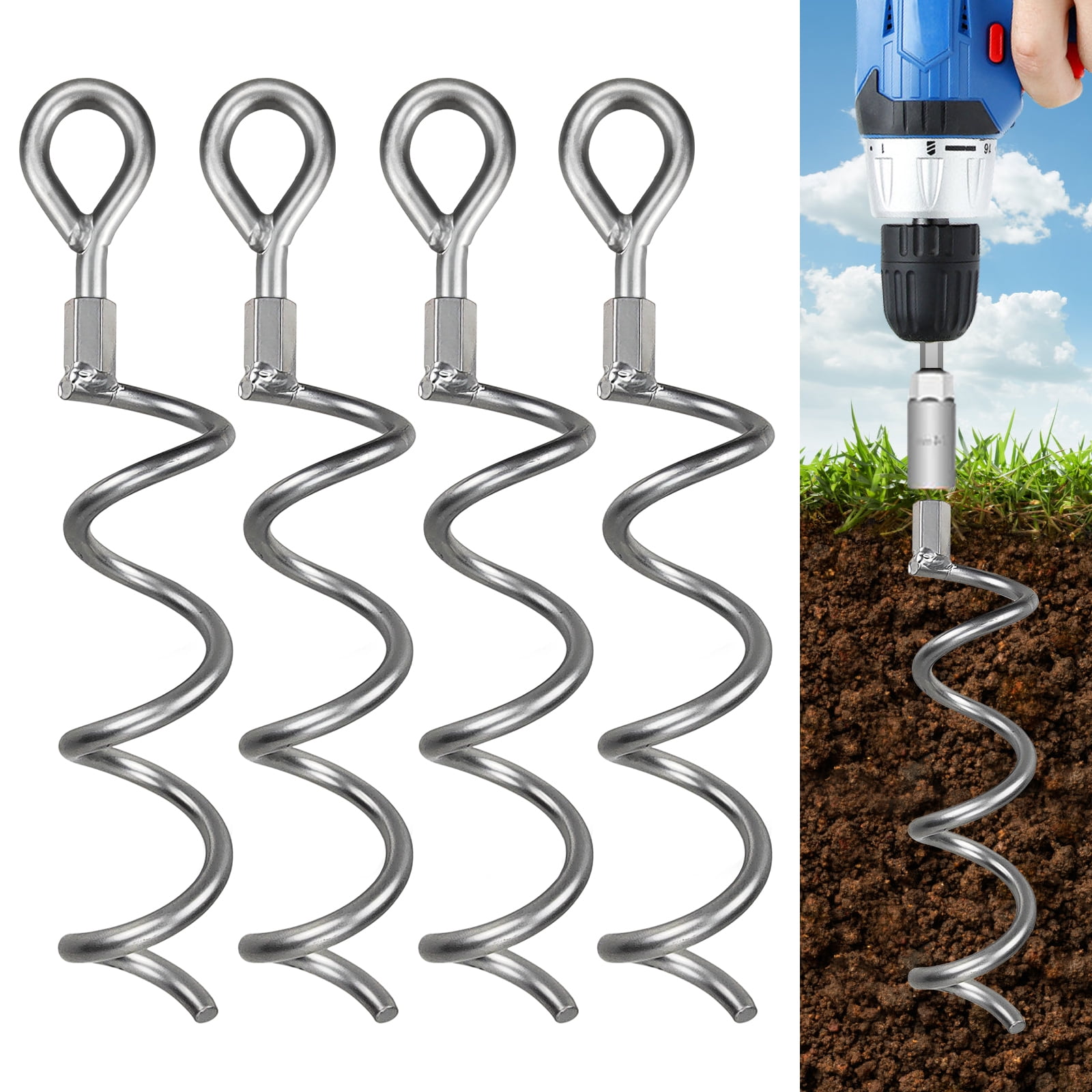 Urban Deco 10.6 Inch Pack of 4 Ring Spiral Ground Anchors - Silver Metal Spiral Stake Outdoor Heavy Duty Camping Stakes Spiraling Anchor Ground Anchors for Tent, Trampolines, Garden Fence, Swings