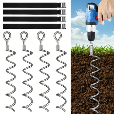 Urban Deco 16.2 Inch Silver Spiral Ground Anchors Strap - Metal Ground Stakes Dog Tie Out Stake Spiraling Anchor Trampoline Anchors for Tent, Securing Trampolines, Garden Fence, Sheds, Swings, 4 Pack