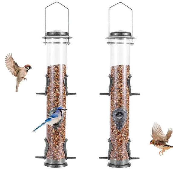 Urban Deco 2 Pack Metal Bird Feeder Tube Hanging Wild Bird Seed Feeder,Steel Hanger Great for Attracting Birds (Gray)