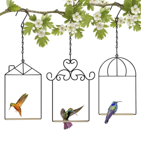 Urban Deco 3 Pack Hummingbird Swing Hummingbird Perch Bird Metal Frame with Wooden Dowel Outdoor Bird(Silver)