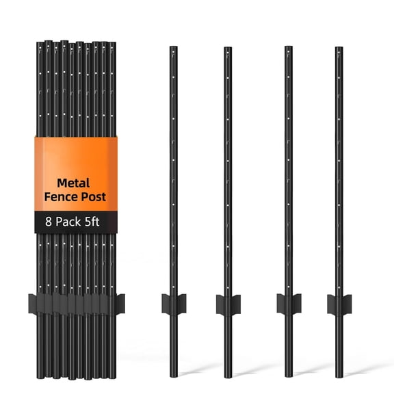 Urban Deco 5 Ft Metal Fence Post, 8 Pack Black U‑Post, Heavy‑Duty Garden Fence Stakes for Outdoor Wire Fencing