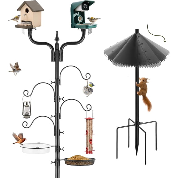 Urban Deco 91inch Bird Feeder Station With Squirrel Baffle,4 Hooks,Wind-Resistant Water Bowl,Mesh Tray,Y-Shape Platform for Yard Garden Backyard(Not Include Birdhouse)