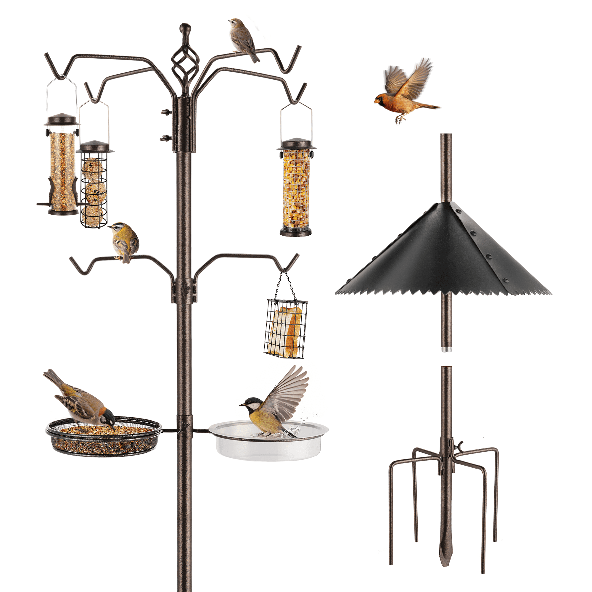 Urban Deco Bird Feeding Station,A Set with 6 Bird Feeders Hanging,Wide Metal Squirrel Baffle , Bird Feeder Poles Kit Premium Bird Bath for Attracting Wild Birds