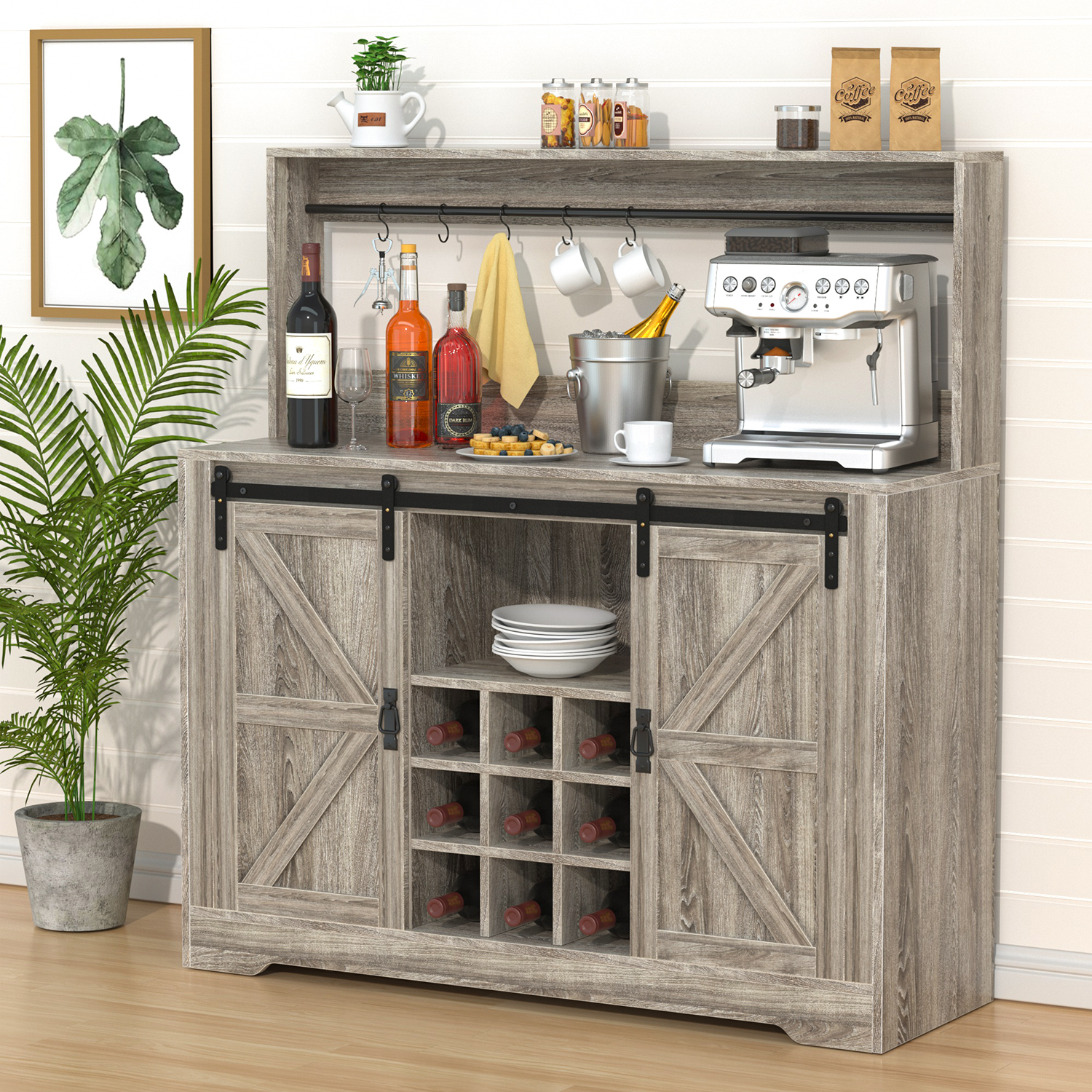 Commas Bar Cabinet for Liquor and Glasses, Modern Wood Accent Sideboard ...