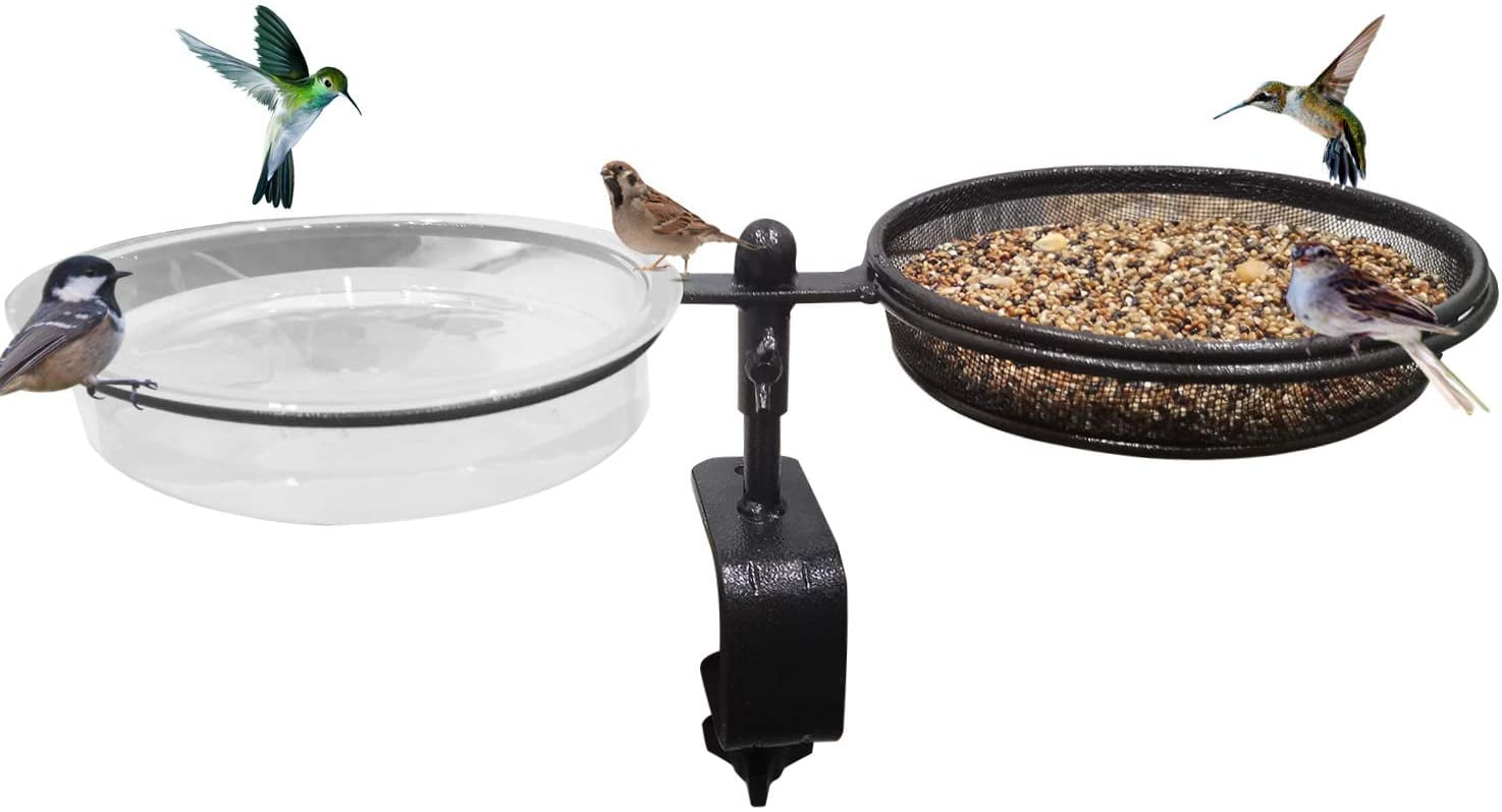 Urban Deco Deck Bird Feeders and Bath Metal Mesh Tray Deck Bird Bath Spa for Dual Use Deck Flower Stand Pot Clamp to Fence Railing, Detachable and Adjustable Gr