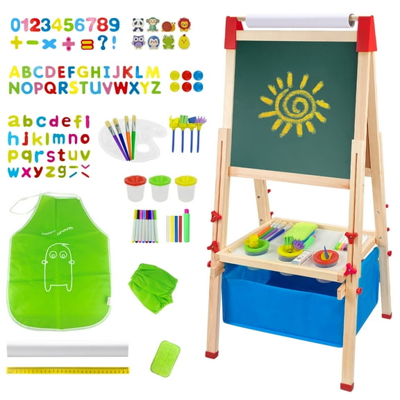 Urban Deco EASEL for Kids Wooden Magnetic Chalkboard &Whiteboard for Toddlers with Paper Roll, Best Christmas Birthday Holiday Gifts