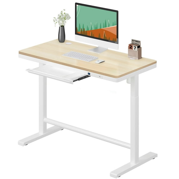 Urban Deco Electric Height Adjustable Standing Desk with Drawer Charging USB A and C Ports, 45.2 x 23.6 Inches (Maple Wood Top + White Frame)