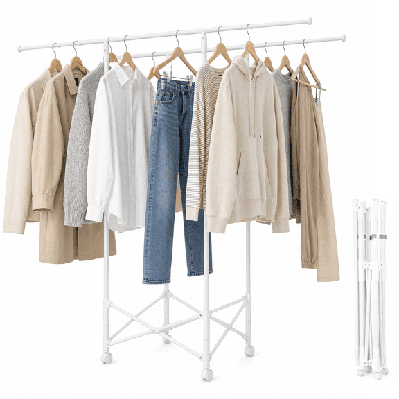 Urban Deco FFoldable Clothes Drying Rack, Portable Collapsible Laundry Airer with 360°Rolling Casters, Heavy Duty Garment Drying Stand for Indoor & Outdoor, White