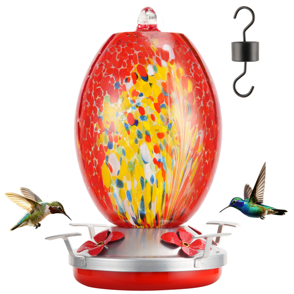 Urban Deco Hummingbird Feeder for Outdoors Patio 27 Ounces Colorful Hand Blown Glass Hummingbird Feeder with Ant Moat Hanging Hook, Rope and Brush(Red)