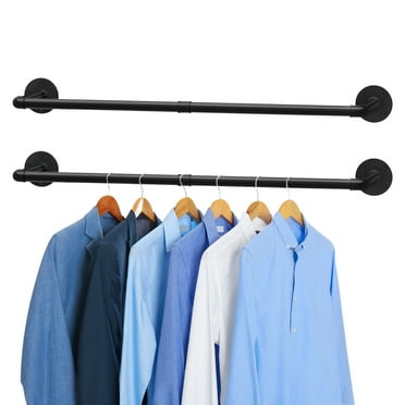 Urban Deco Industrial Pipe Clothes Rack,2 Set Multi-purpose Wall Mounted,Heavy Duty Detachable Hanging Clothes Rack for Closet Rod (Black,2 Base)