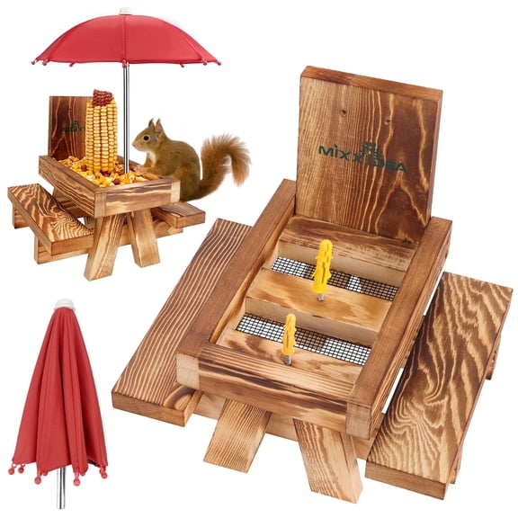 Urban Deco Squirrel Feeder Picnic Table with Umbrella, Wooden Squirrel Feeders for Outside with Corn Cobs, Cute Chipmunk Feeder with Solid Structure for Squirrel Gift (Red)