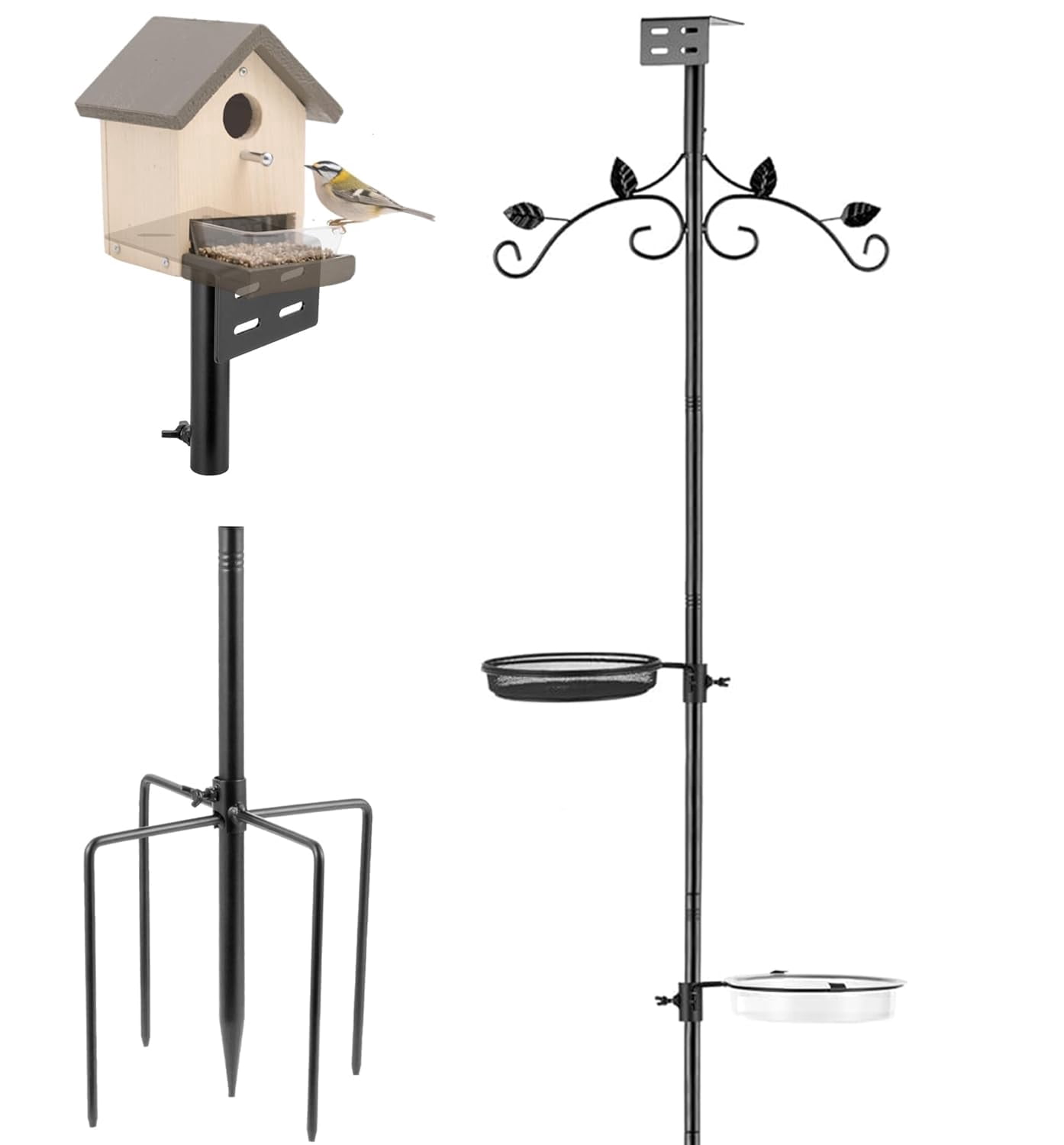 Urban Deco Bird House Pole Mount Kit 91 Inch - Adjustable Bird Feeder Stand with Water Bowl Metal Mesh Tray with 5 Prongs for Outdoor, Yard, Garden Decor, Black