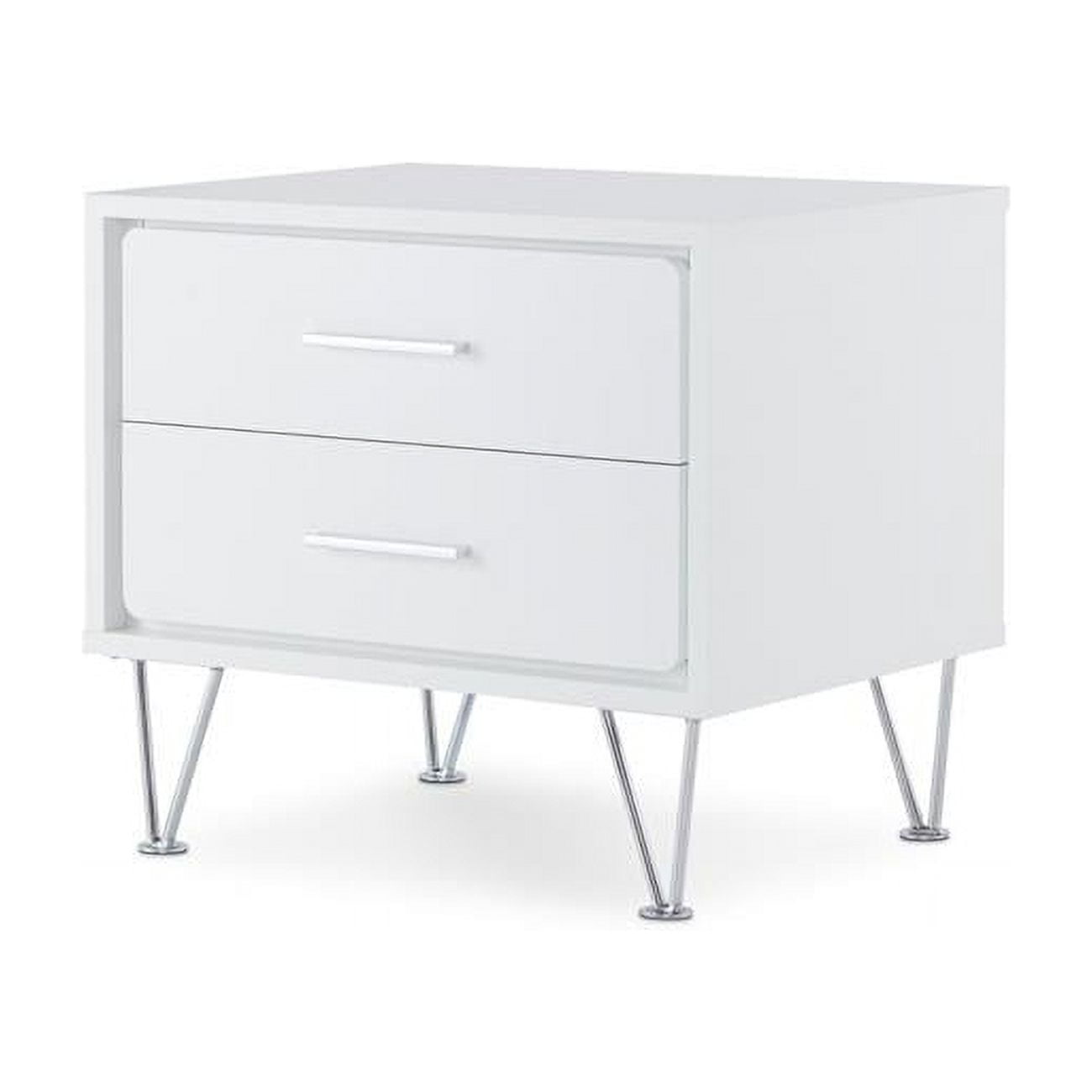 White and Chrome 2-Drawer Nightstand with V-Shaped Metal Legs