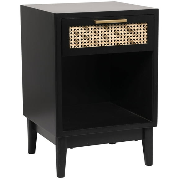 Urban Designs Crest 26" H x 18" W Modern Cane Front Nightstand with Drawer and Open Shelf - Black