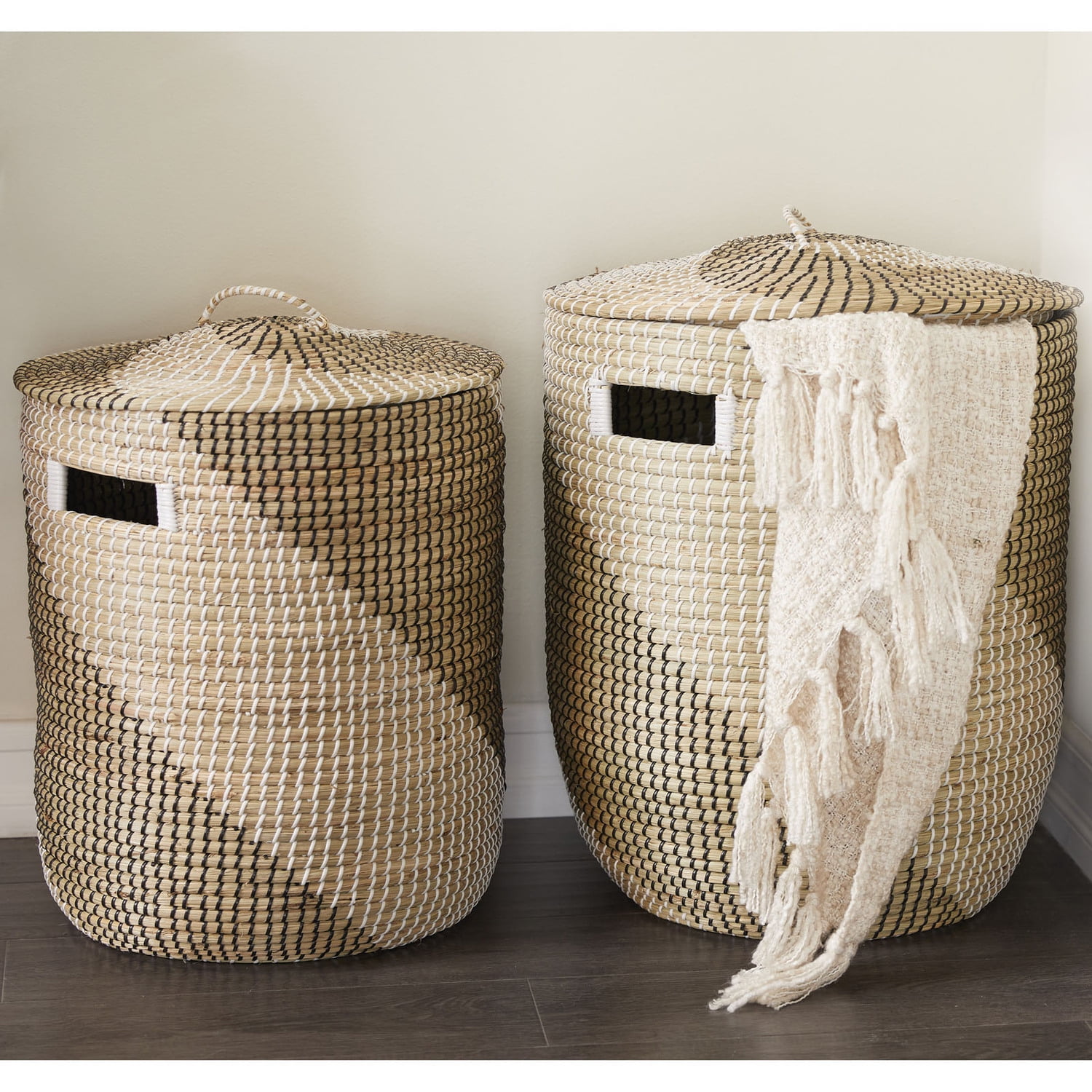 Handwoven Seagrass Round Storage Baskets with Lids, Set of 2