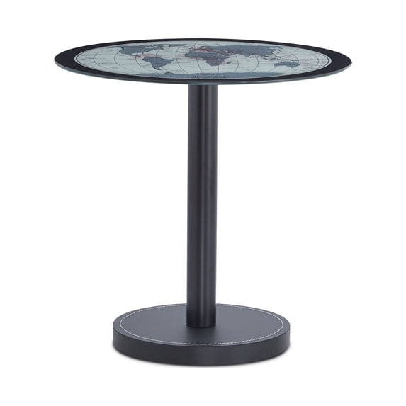 Urban Designs Lisbon Side Table with World Glass Map Top - Black