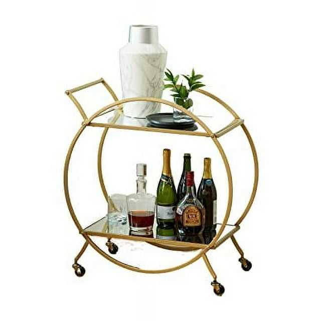 Urban Designs Luca Round Rolling Metal Bar Cart with Glass Shelves, Gold