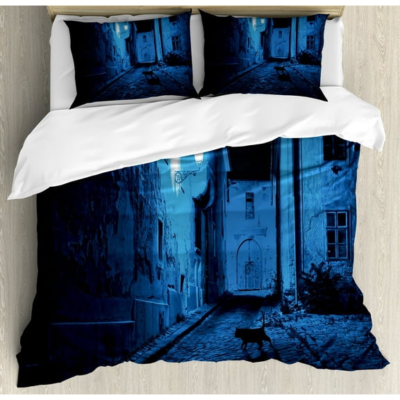 Urban Duvet Cover Set, Black Cat Crossing Deserted Street at Night Mysterious Old European Town Alley, Decorative 3 Piece Bedding Set with 2 Pillow Shams, Calking Size, Blue Black White, by Ambesonne