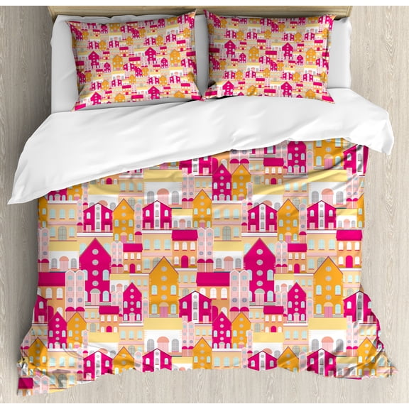 Urban Duvet Cover Set, City Architecture Minimalistic Northern Houses with Round Windows Print, Decorative 3 Piece Bedding Set with 2 Pillow Shams, King Size, Marigold Magenta Blush, by Ambesonne