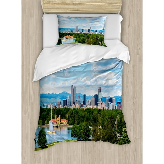 Urban Duvet Cover Set, City Park at Denver Colorado Downtown Tree and Architecture Sunny Panorama, Decorative 2 Piece Bedding Set with 1 Pillow Shams, Twin Size, Sky Blue Fern Green, by Ambesonne
