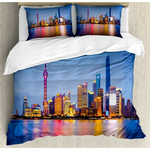 Urban Duvet Cover Set, City Skyline of Shanghai China on Huangpu River Dusk Famous Travel Destination, Decorative 3 Piece Bedding Set with 2 Pillow Shams, Calking Size, Blue Pink Yellow, by Ambesonne