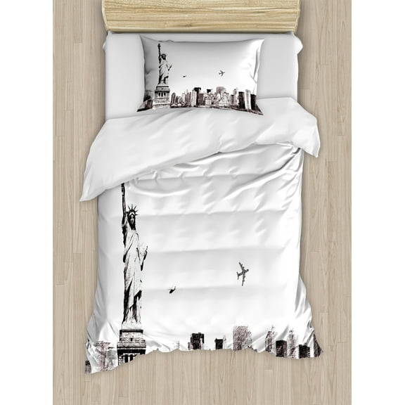 Urban Duvet Cover Set, Cityscape of New York City Famous of Liberty and Skyscrapers Drawing Print, Decorative 2 Piece Bedding Set with 1 Pillow Shams, Twin Size, White and Grey, by Ambesonne