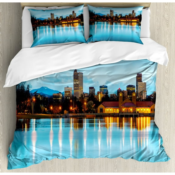 Urban Duvet Cover Set, Downtown Denver Ferril Lake Colorado at the Morning City Park Capital, Decorative 3 Piece Bedding Set with 2 Pillow Shams, King Size, Sky Blue Yellow Orange, by Ambesonne