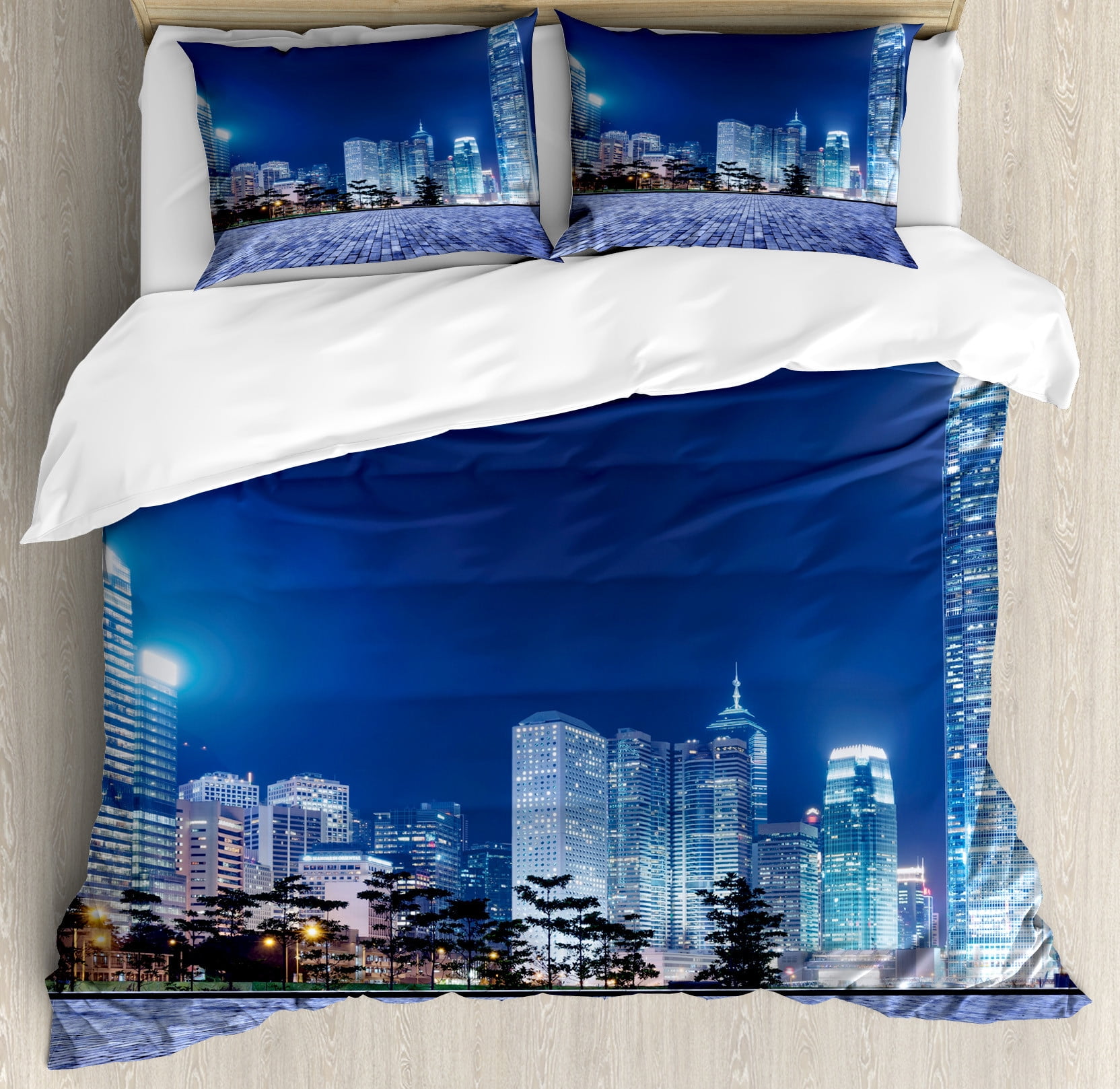 Urban Duvet Cover Set, Hong Kong Skyline Night Architectural Cityscape