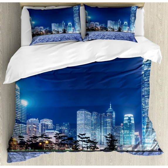 Urban Duvet Cover Set, Hong Kong Skyline Night Architectural Cityscape Skyscrapers Modern Photo, Decorative 3 Piece Bedding Set with 2 Pillow Shams, Queen Size, Purplegrey Royal Blue, by Ambesonne