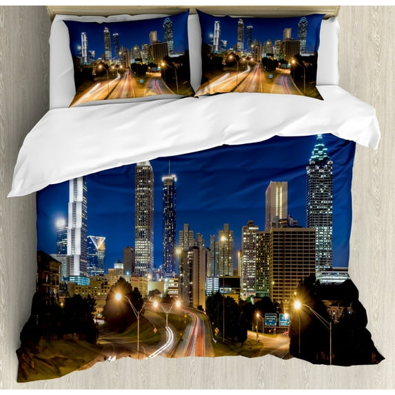 Urban Duvet Cover Set King Size, Image of Atlanta Skyline Twilight with Highway Buildings Skyscrapers Blurred Motion, Decorative 3 Piece Bedding Set with 2 Pillow Shams, Multicolor, by Ambesonne
