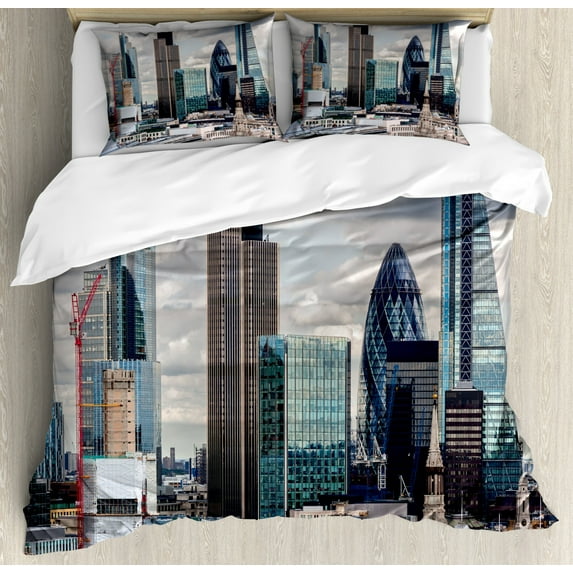 Urban Duvet Cover Set King Size, London England Skyline Buildings and Skyscrapers and Cloudy Sky Modern Capital City, Decorative 3 Piece Bedding Set with 2 Pillow Shams, Multicolor, by Ambesonne