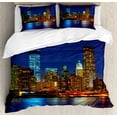 thumbnail image 1 of Urban Duvet Cover Set King Size, Manhattan Sunset Skyline Famous New York Cityscape High Rise Buildings Skyscrapers, Decorative 3 Piece Bedding Set with 2 Pillow Shams, Multicolor, by Ambesonne, 1 of 3
