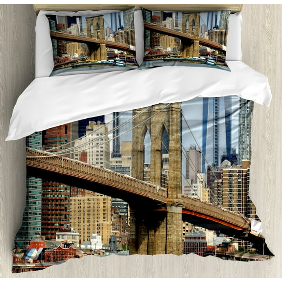 Urban Duvet Cover Set King Size, Skyline of Brooklyn New York USA Cityscape Bridge Buildings and River Coastal Scenery, Decorative 3 Piece Bedding Set with 2 Pillow Shams, Multicolor, by Ambesonne