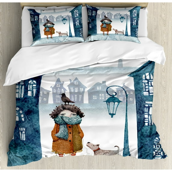 Urban Duvet Cover Set, Little Girl in Foggy Town Walking Her Bird and Dog Winter Outdoor Scenery, Decorative 3 Piece Bedding Set with 2 Pillow Shams, Calking Size, Ginger and Petrol Blue, by Ambesonne