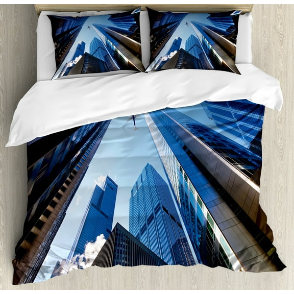 Urban Duvet Cover Set, Looking up at Chicago's Skyscrapers in Financial District American City Picture, Decorative 3 Piece Bedding Set with 2 Pillow Shams, Queen Size, Blue Grey, by Ambesonne