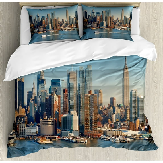 Urban Duvet Cover Set, New York City Skyline over River Empire State Building Boats and Skyscrapers, Decorative 3 Piece Bedding Set with 2 Pillow Shams, Queen Size, Blue Brown, by Ambesonne