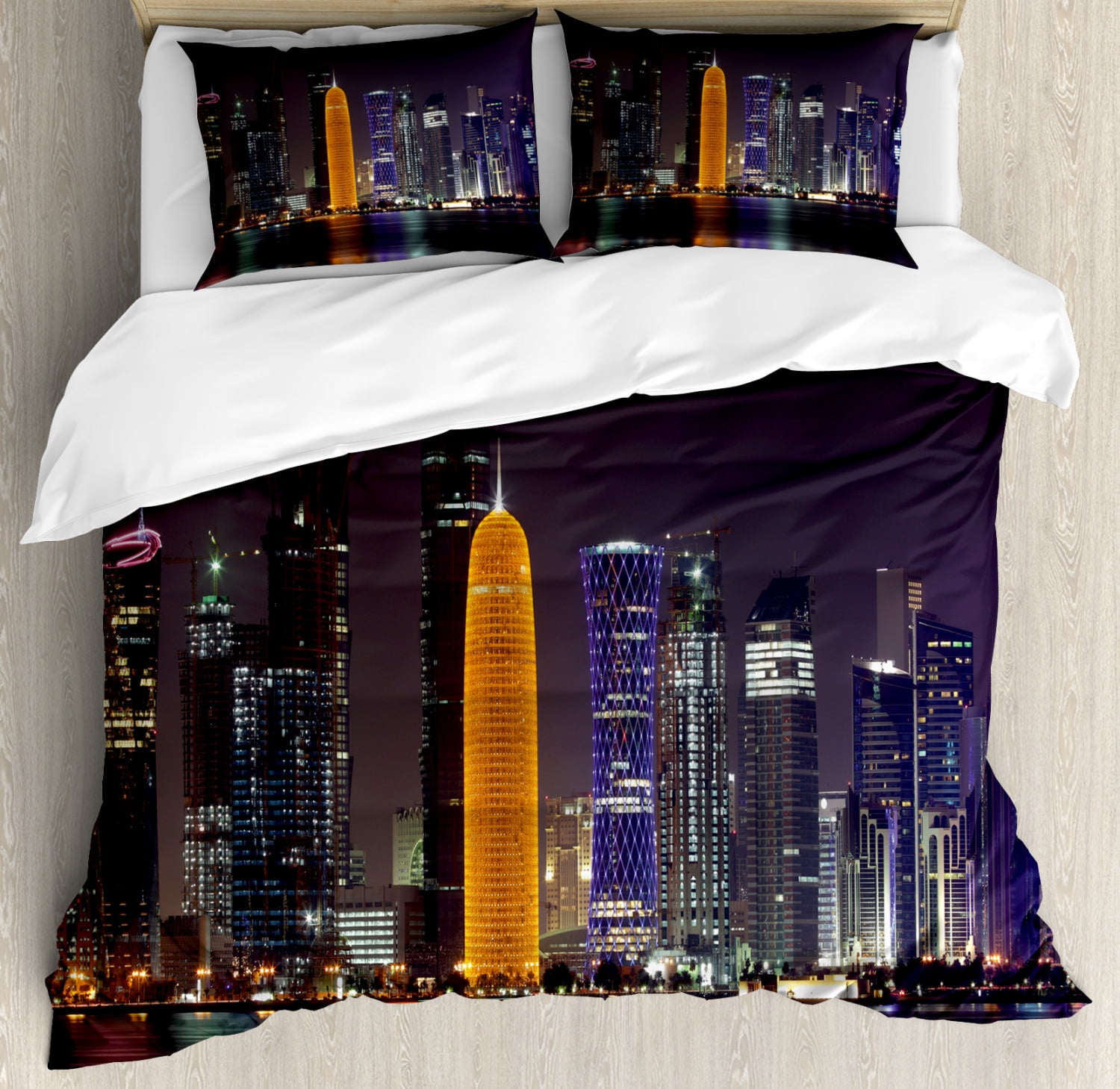 Urban Duvet Cover Set, Qatar Middle East Town with Luminous Skyscraper