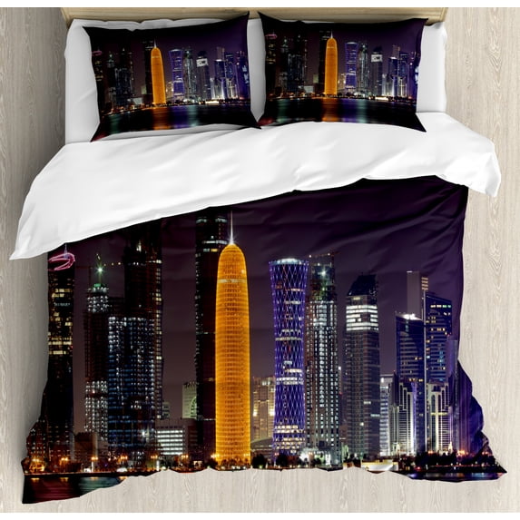 Urban Duvet Cover Set, Qatar Middle East Town with Luminous Skyscraper at Night View, Decorative 3 Piece Bedding Set with 2 Pillow Shams, King Size, Charcoal Grey Orange, by Ambesonne