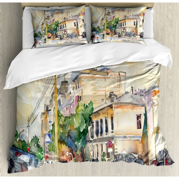 Urban Duvet Cover Set Queen Size, Watercolor Painting of a City Street with Buildings and Cars Soft Artistic Display, Decorative 3 Piece Bedding Set with 2 Pillow Shams, Multicolor, by Ambesonne