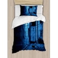 thumbnail image 1 of Urban Duvet Cover Set Twin Size, Black Cat Crossing Deserted Street at Night Mysterious Old European Town Alley, Decorative 2 Piece Bedding Set with 1 Pillow Sham, Blue Black White, by Ambesonne, 1 of 3