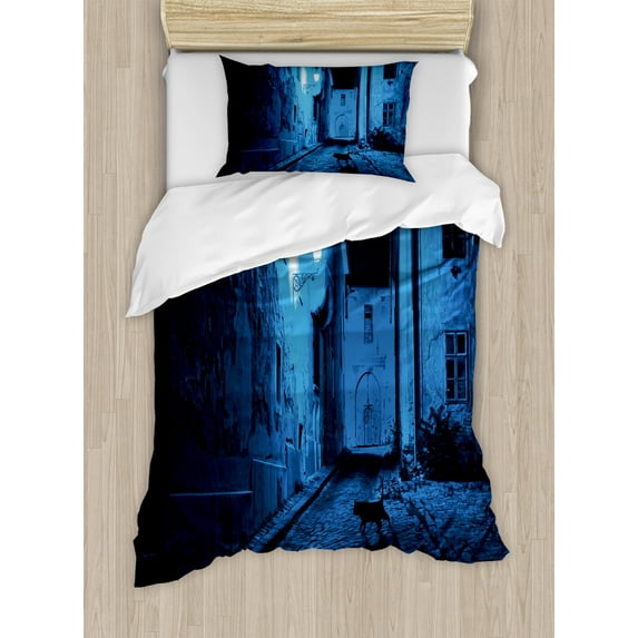 Urban Duvet Cover Set Twin Size, Black Cat Crossing Deserted Street at Night Mysterious Old European Town Alley, Decorative 2 Piece Bedding Set with 1 Pillow Sham, Blue Black White, by Ambesonne